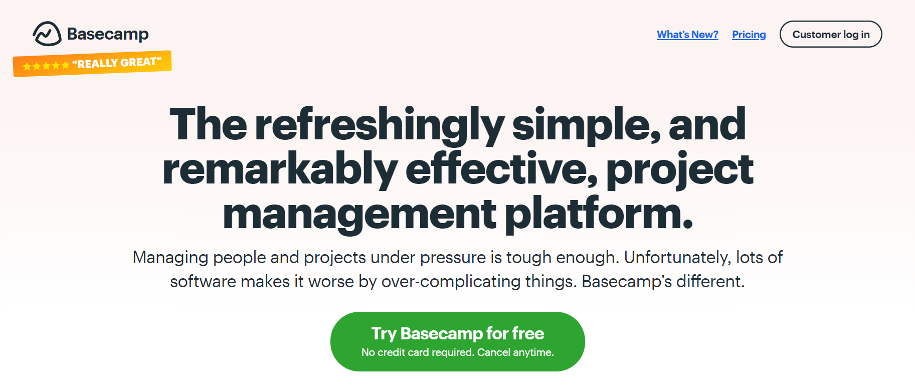 Basecamp homepage, writing why it is good for managing projects and teams
