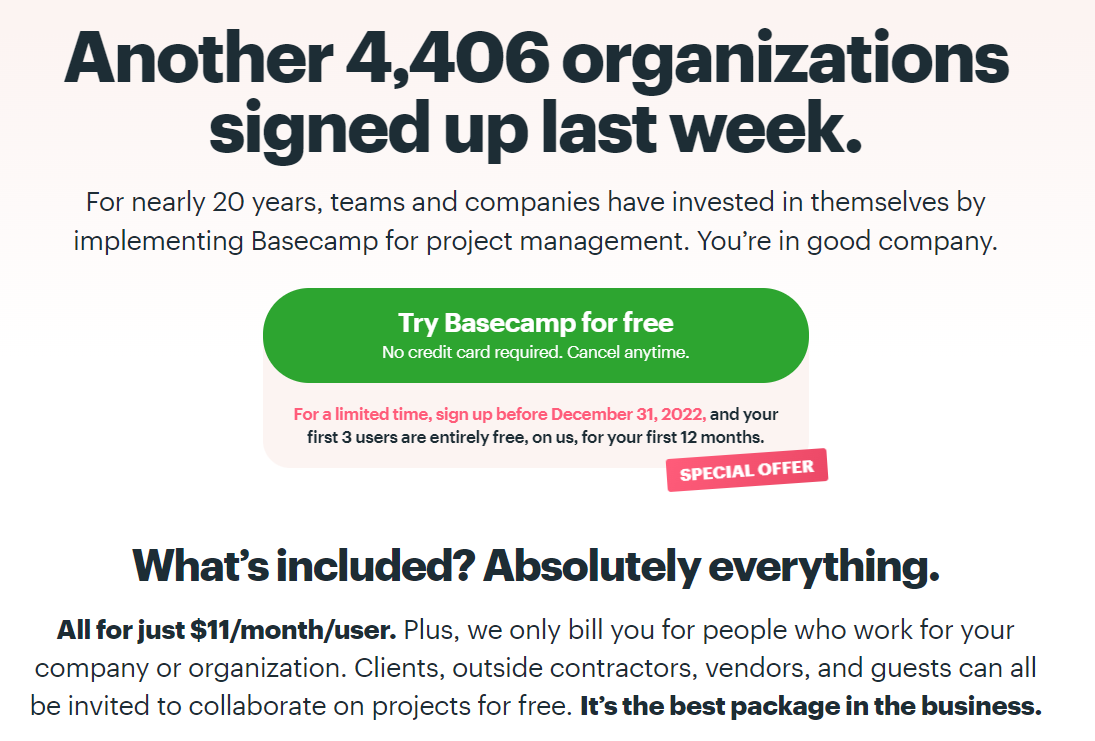 Flat pricing of $11 offered by Basecamp, along with a "Try Basecamp for free" button