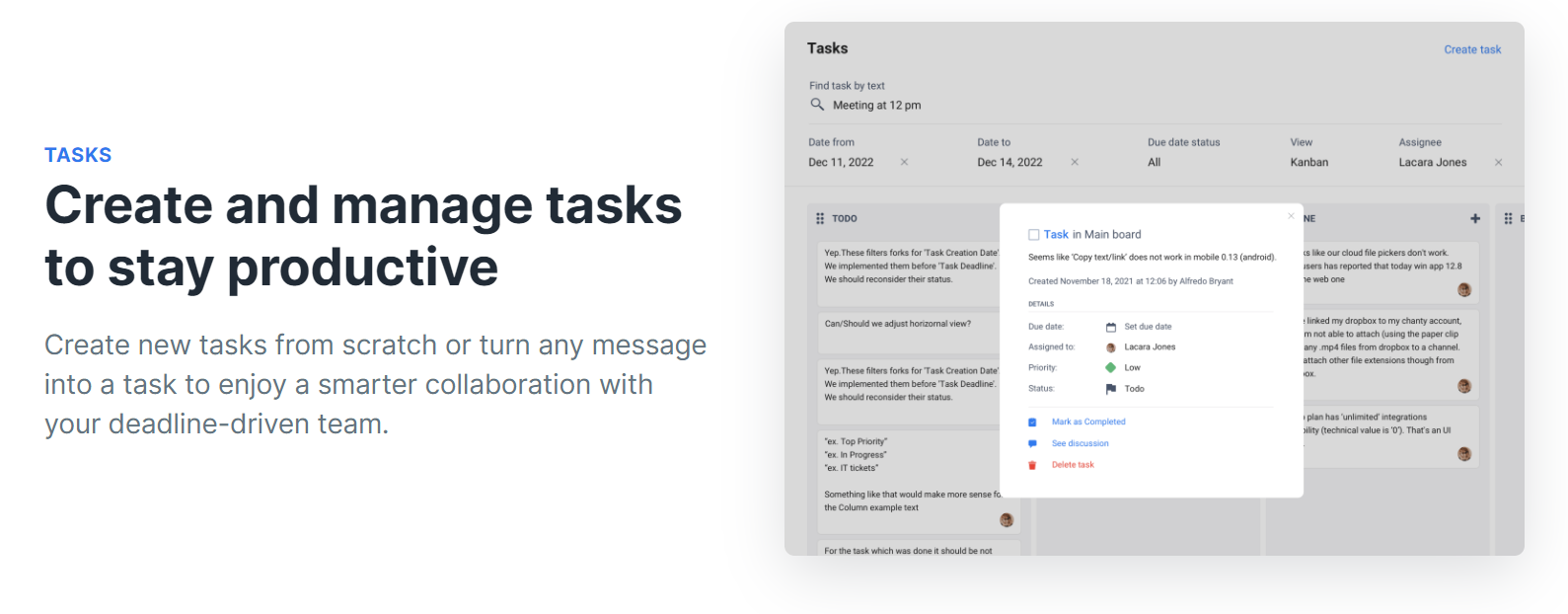Chanty homepage, with tasks for managing teams