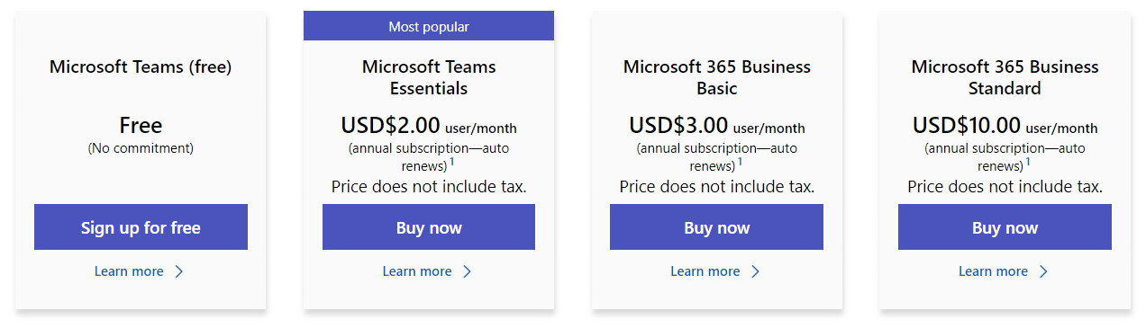4 pricing plans of Microsoft teams, from Free to $10/user/month, with $2 user/month marked as Most popular