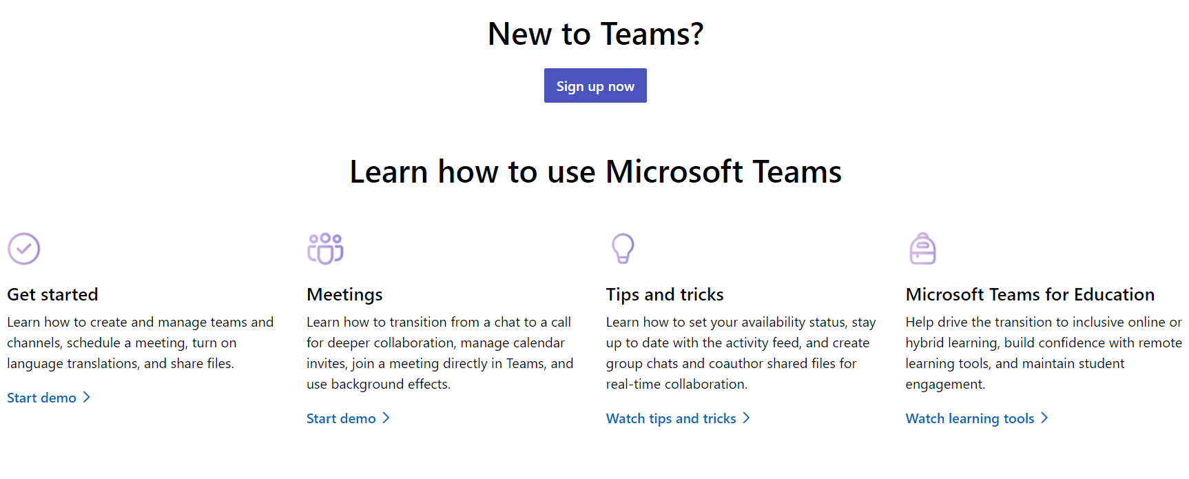 Microsoft Teams with sign up button and 4 sections for learning how to use the team management software