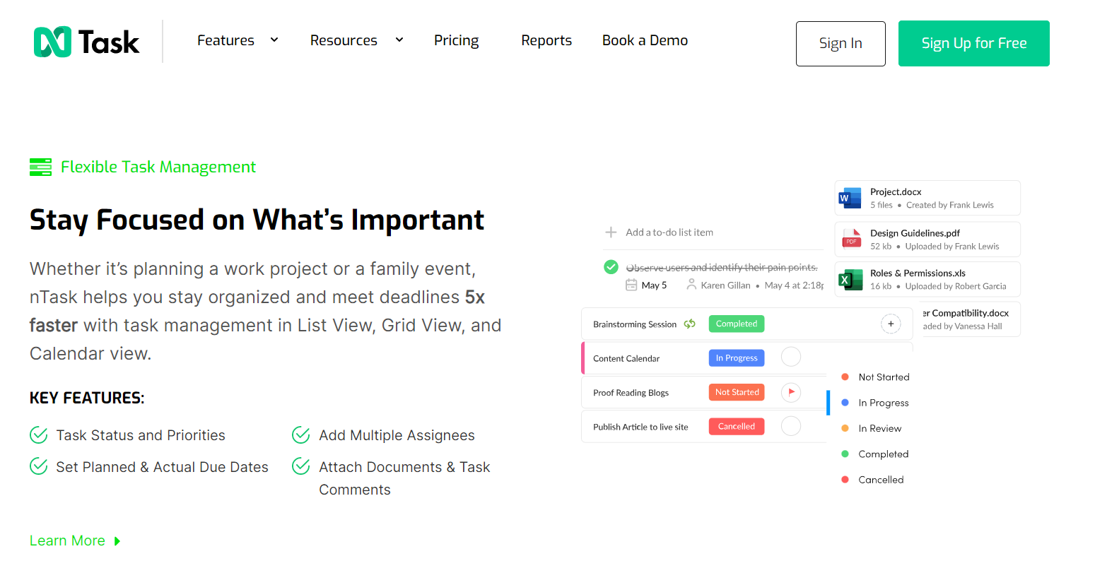 nTask homepage, with key features and flexible task management between team members