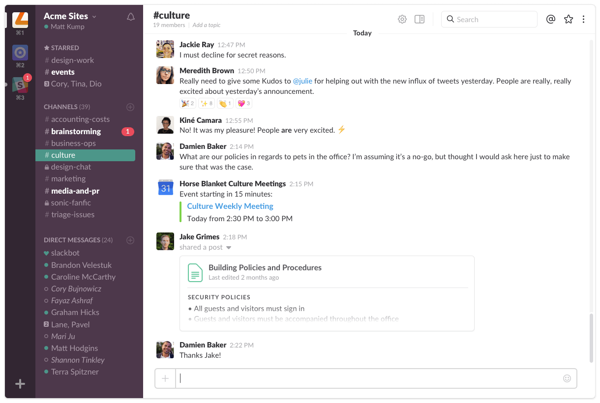 A channel in slack, showing conversations among people in Slack UI