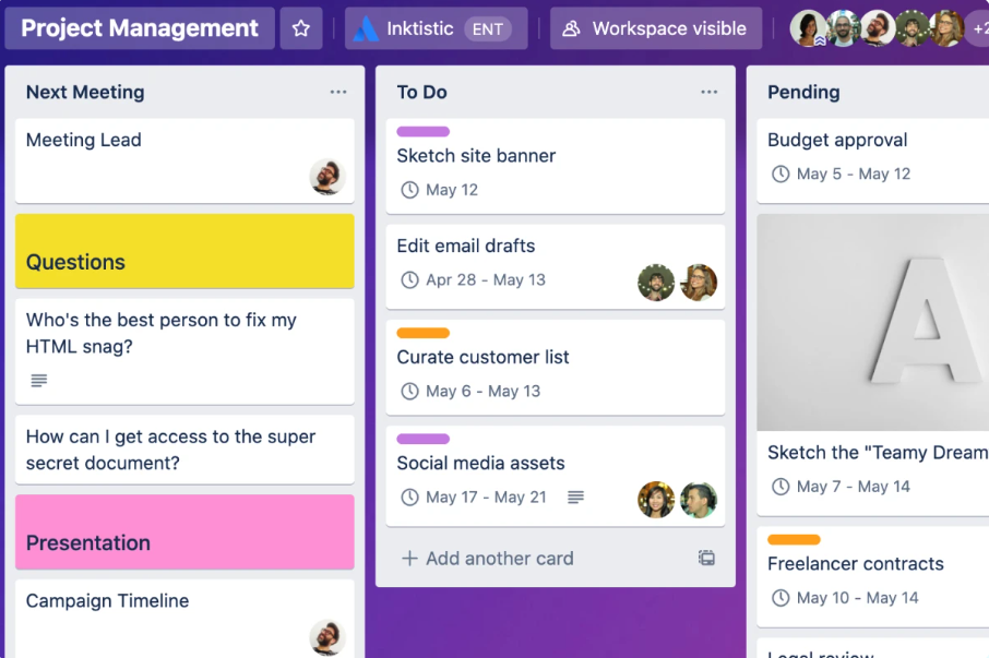 Trello, a Team management software, showing what to do and meeting in kanban board format