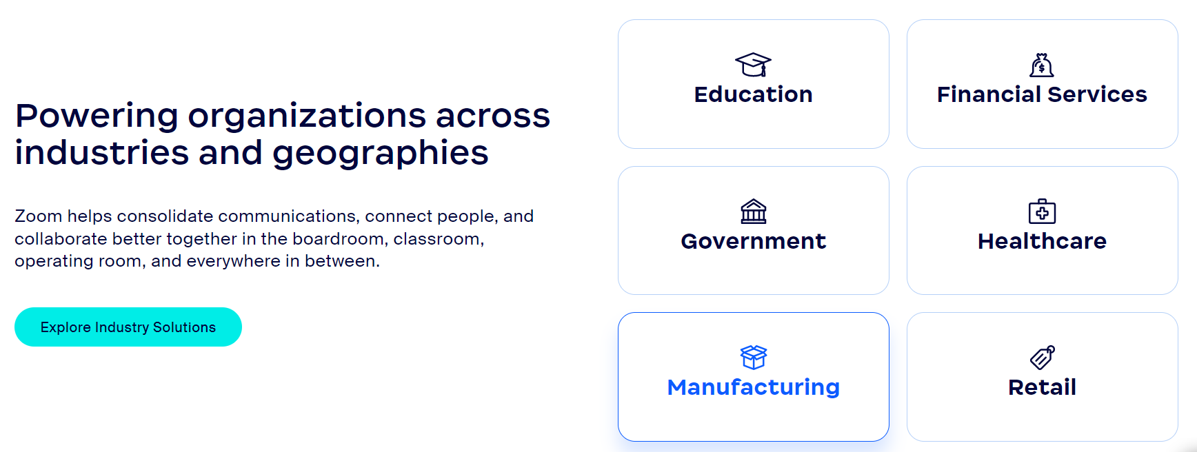 Zoom homepage, with icons and writing about Education to Retail usage