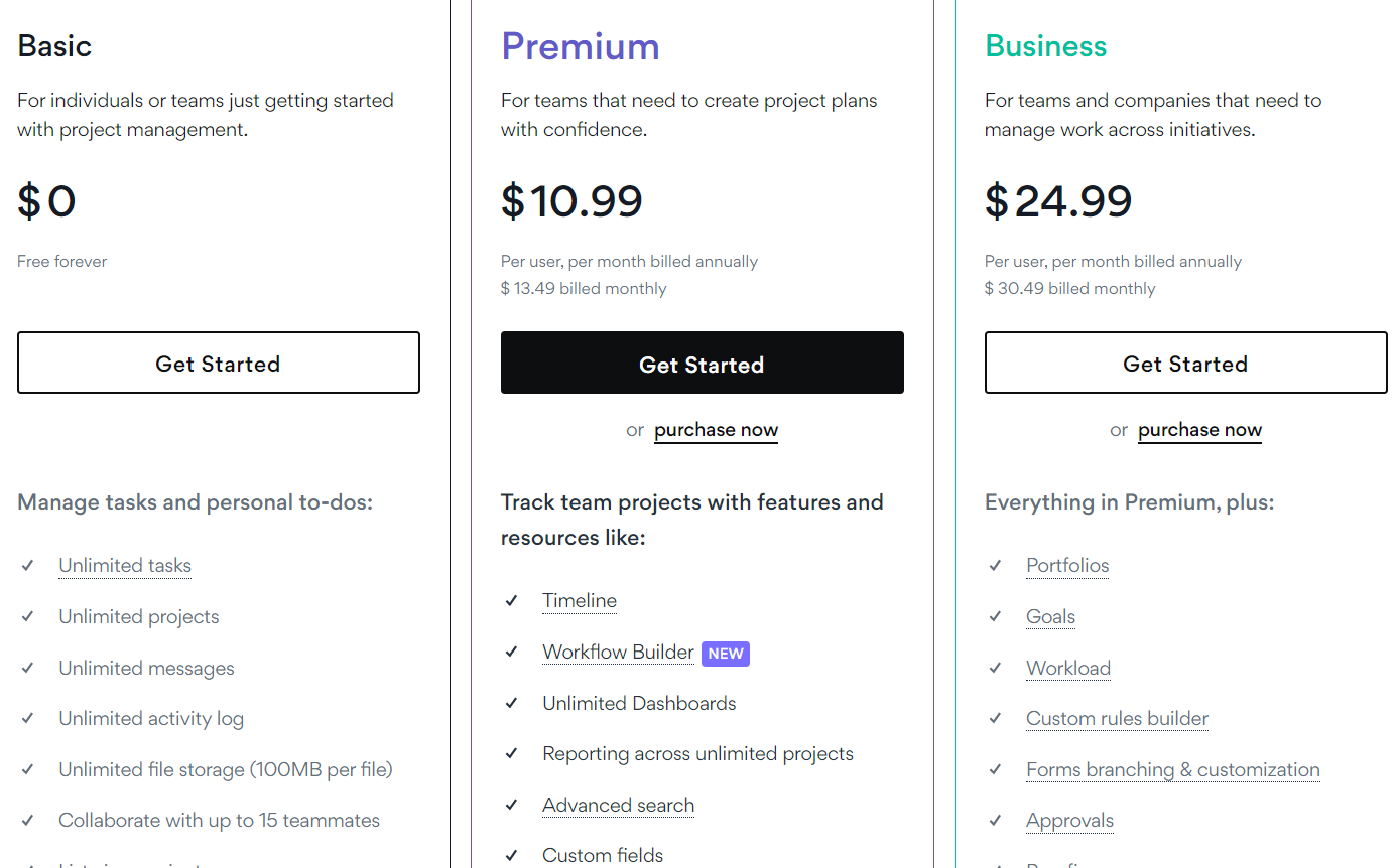 3 tier pricing plan of Asana, 