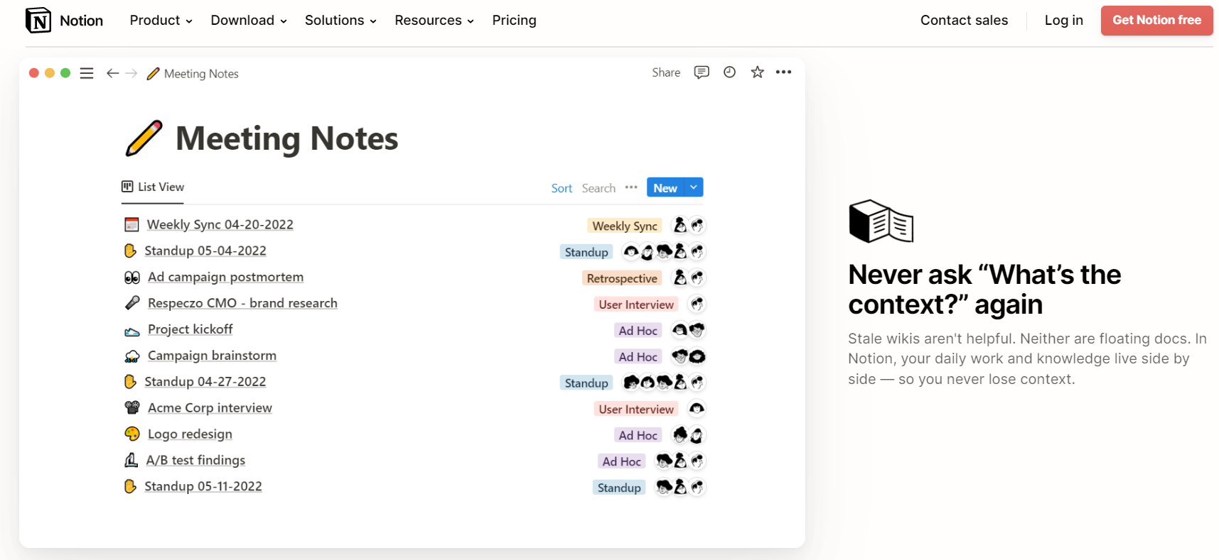 Notion software with meeting notes for managing teams