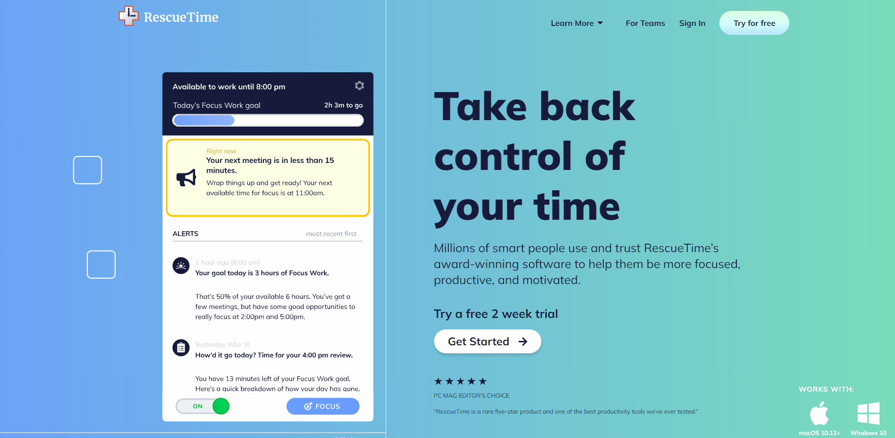 RescueTime homepage with Getting started options
