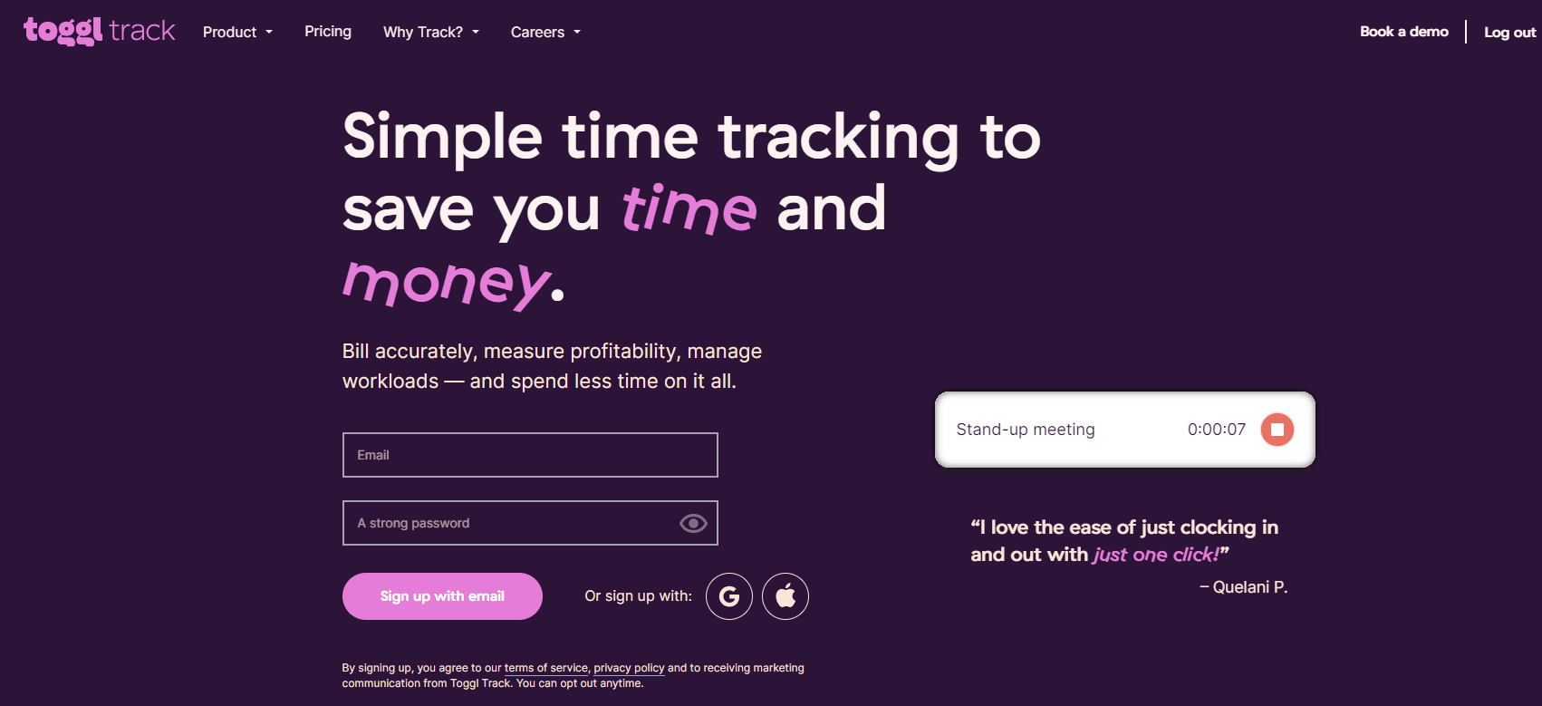 toggl track homepage with singup options