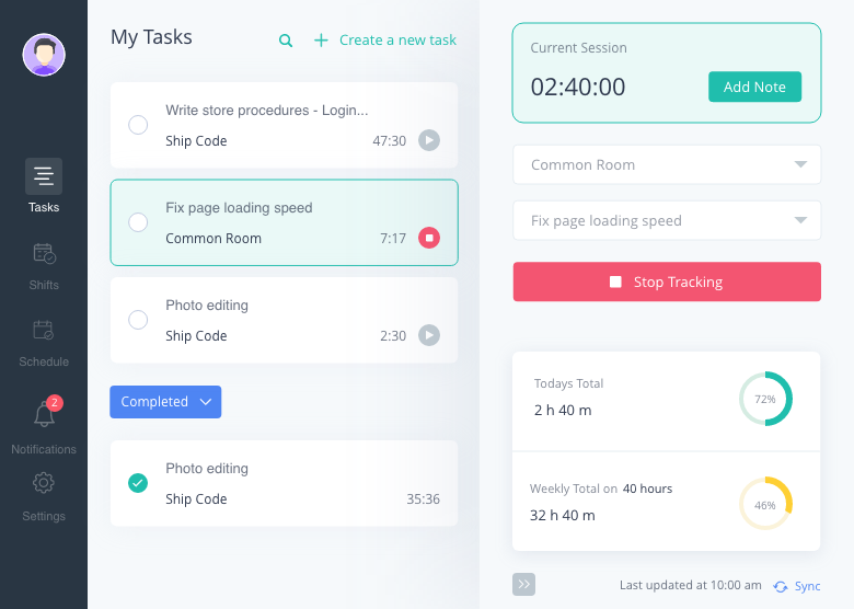 Interface of a time trackingg software