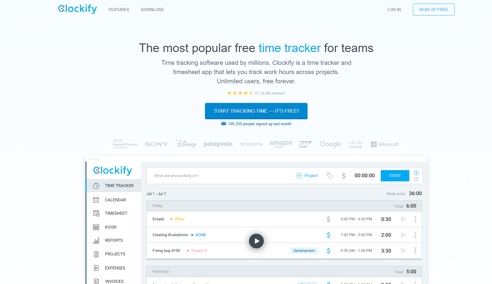 Homepage of Clockify, showing a glimpse of it's dashboard, with a play icon for video