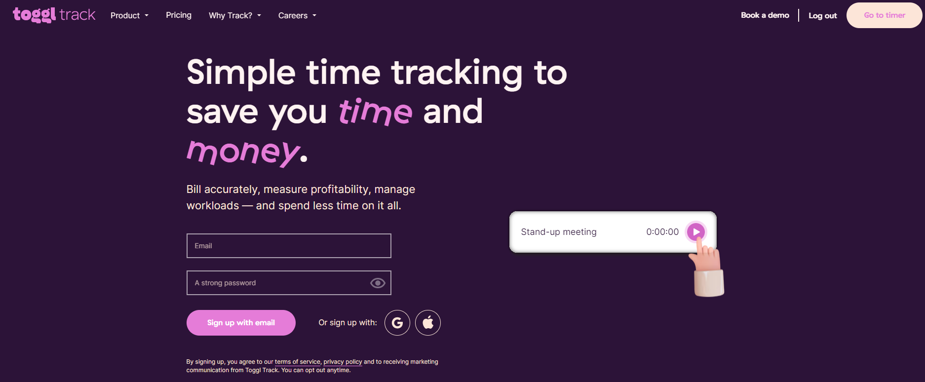 Homepage of toggl track, with sign up options
