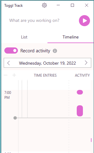 Toggl mobile app showing a timeline on 7:00 PM of October 19, 2022