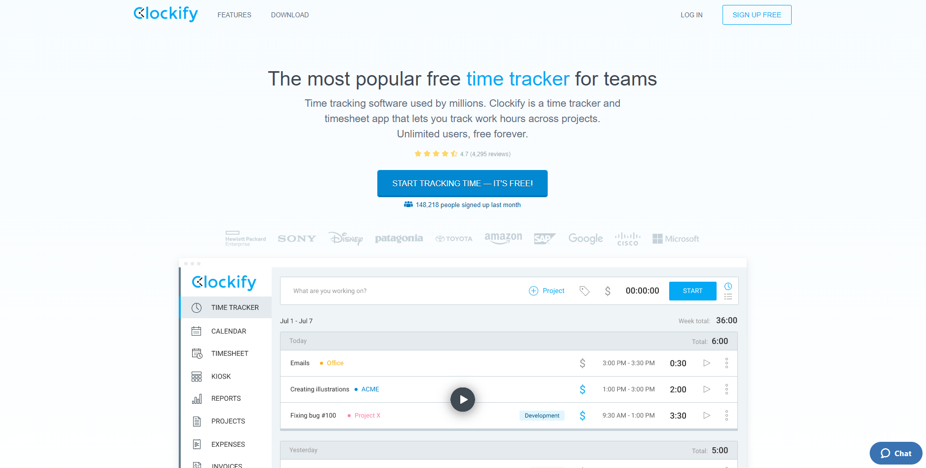 Clockify homepage, with title The most popular free time tracker for teams