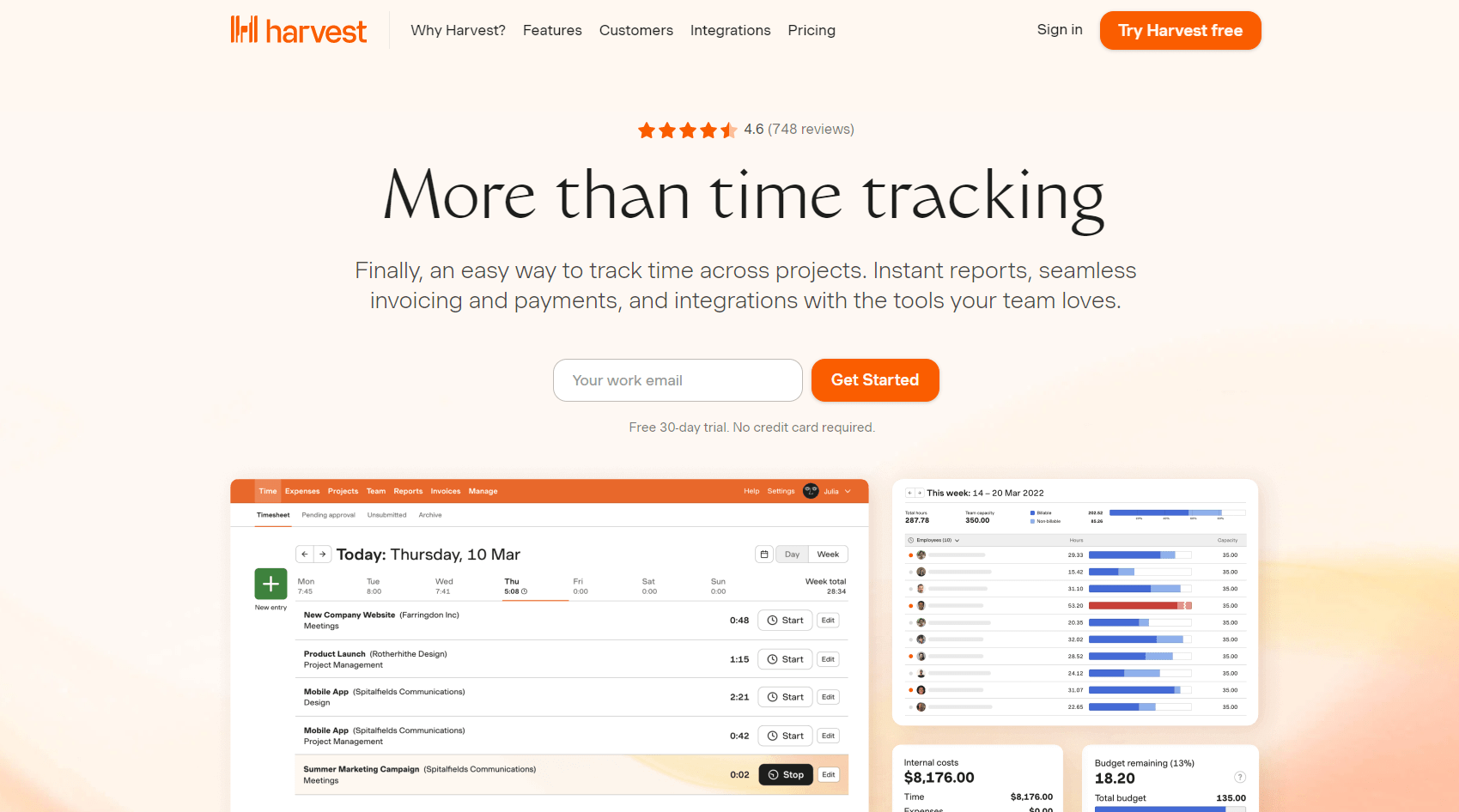 Homepage of Harvest, with caption "More than time tracking".