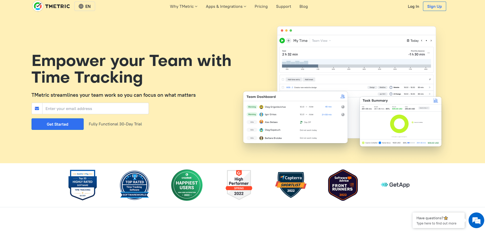 TMetric homepage, with timesheets and awards