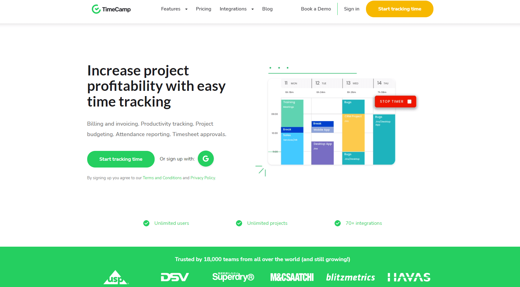 Homepage of TimeCamp, with their coloful timesheet, and a start tracking time button