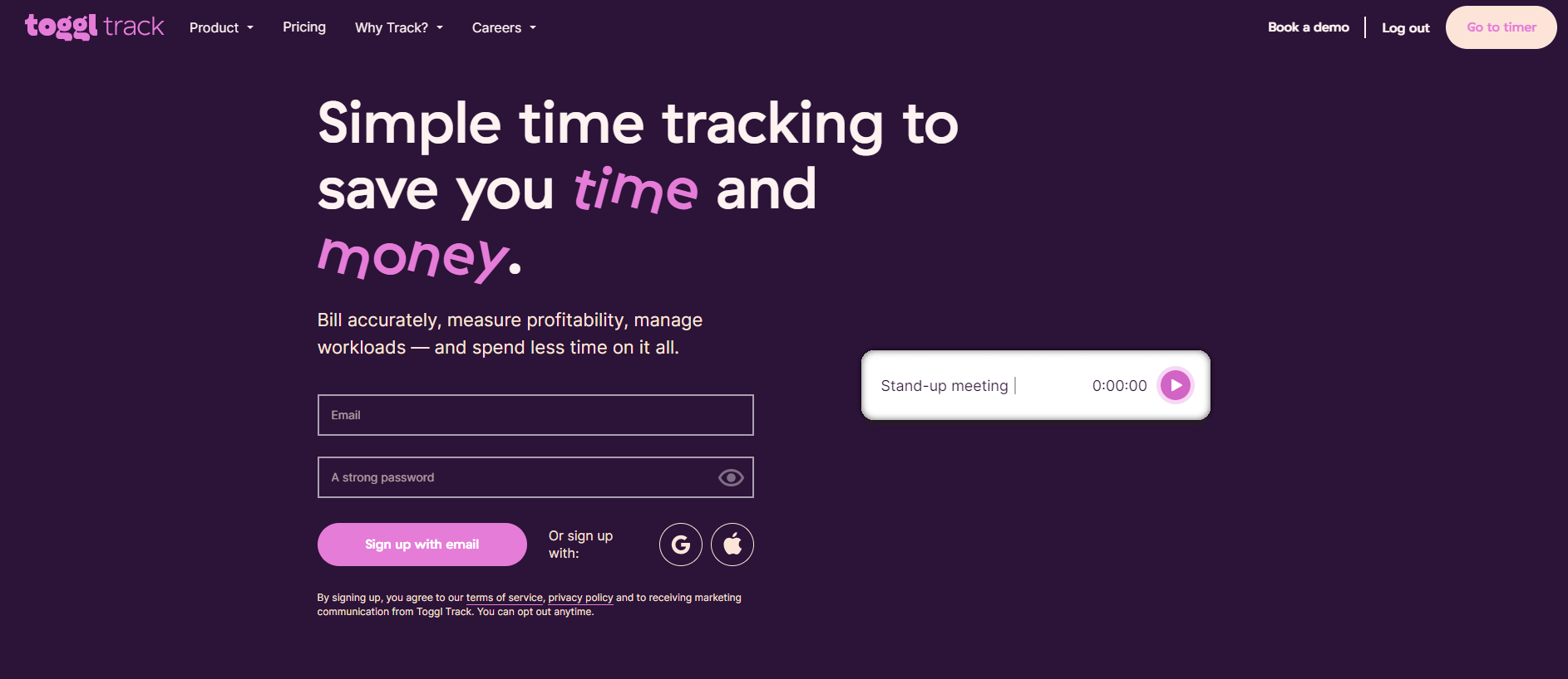 Home page of Toggl, with title of Simple time tracking to save you time and money.