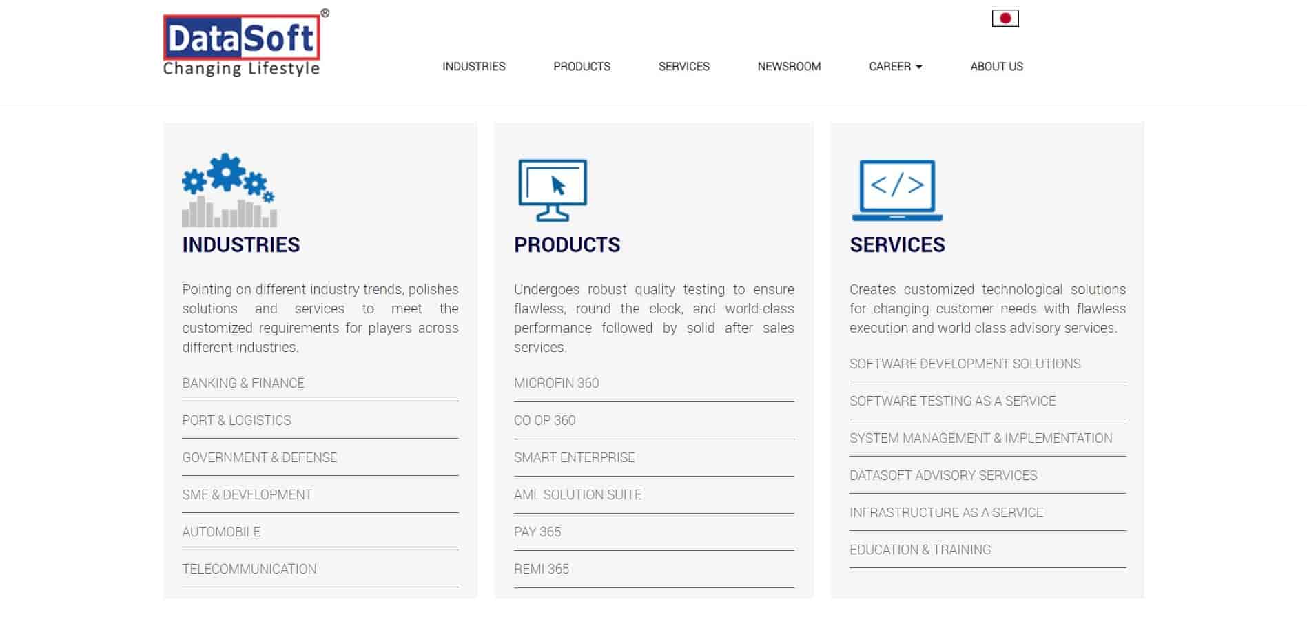 DataSoft website homepage, mentioning industry they serve, products they provide and services they offer.