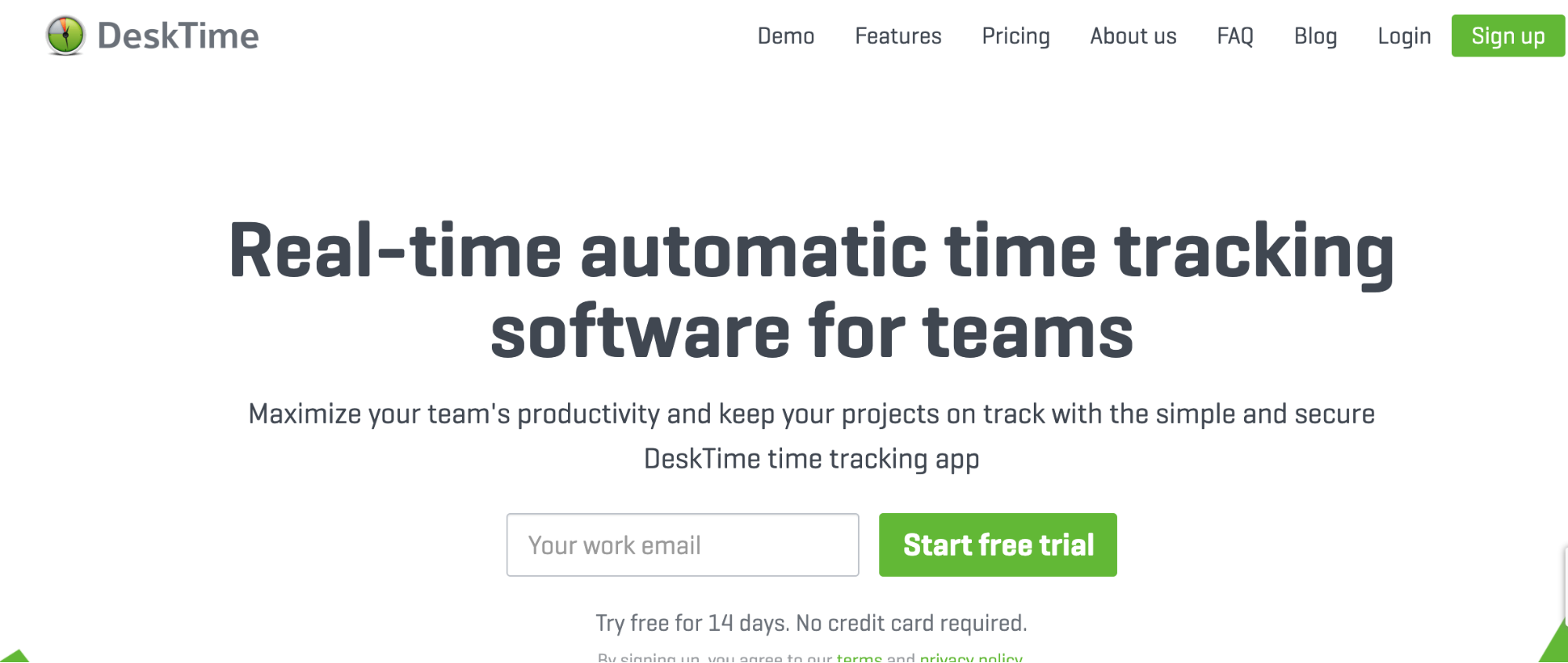 Homepage of DeskTime, with title "Real-time automatic time tracking software for teams"