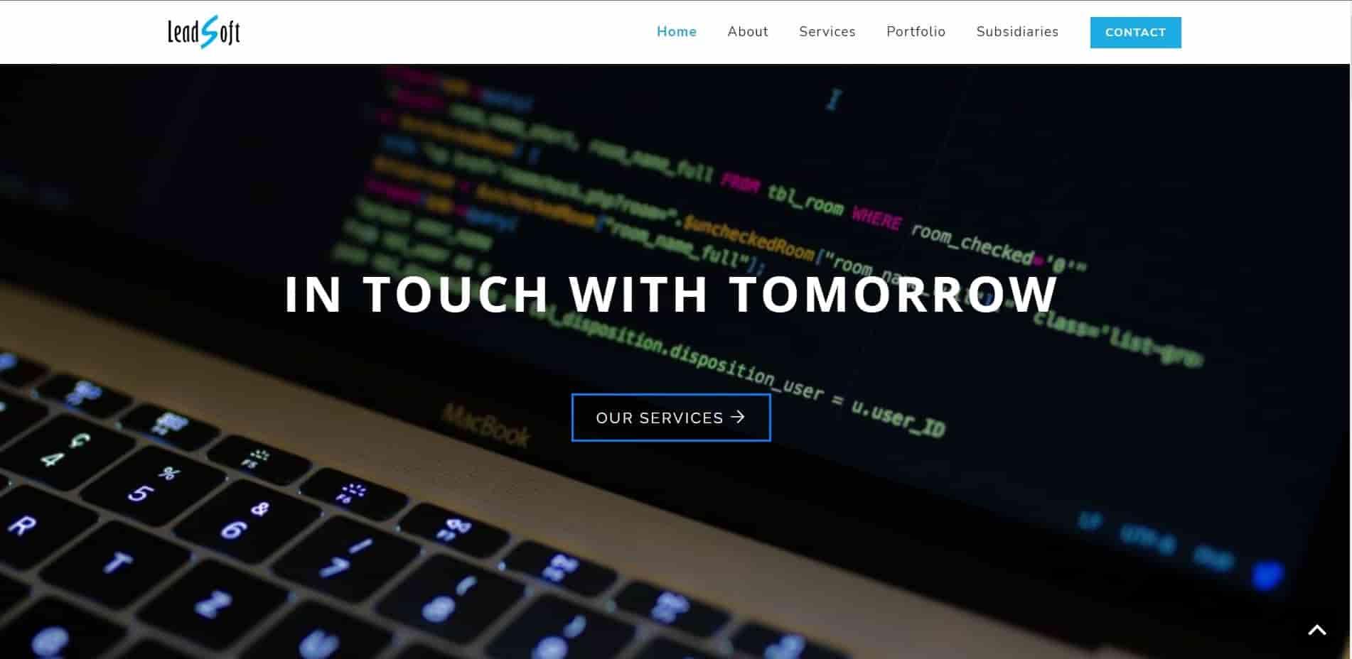 A software company from Bangladesh that is 'LeadSoft' where there homepage is displayed and it says In Touch With Tomorrow.