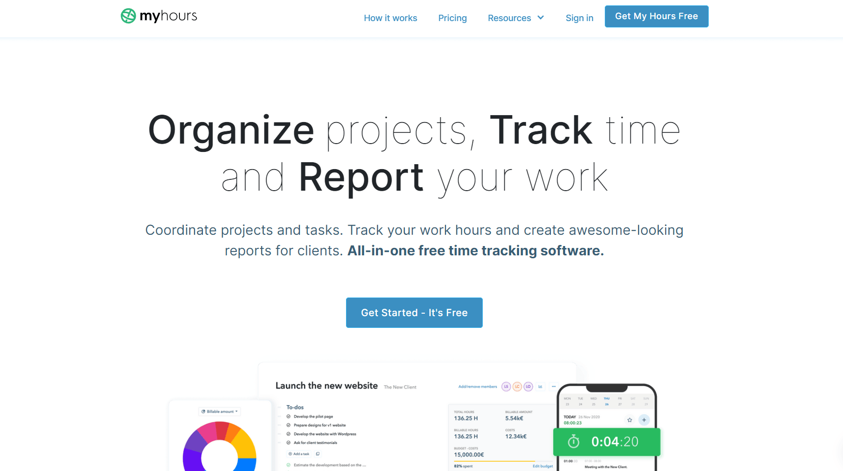 myhours' homepage, with caption "Organize project, track time"