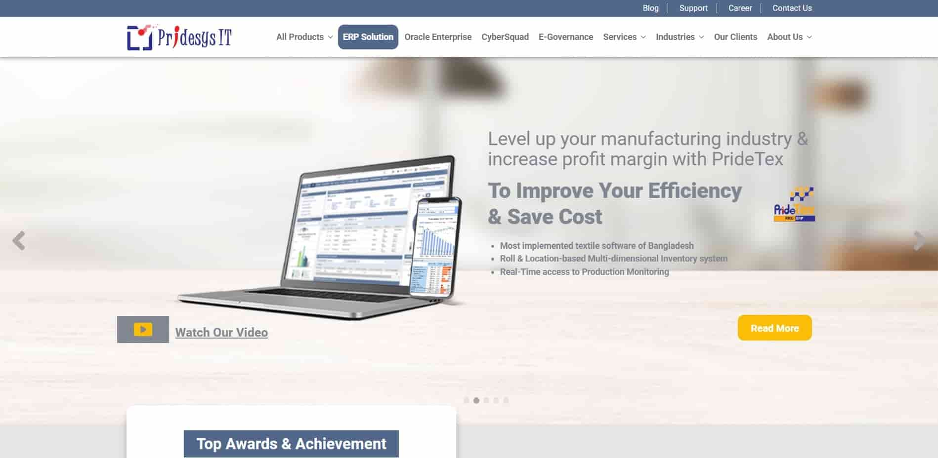 Pridesys IT homepage, where it is mentioned how they can improve efficiency and save cost using software from Bangladesh.