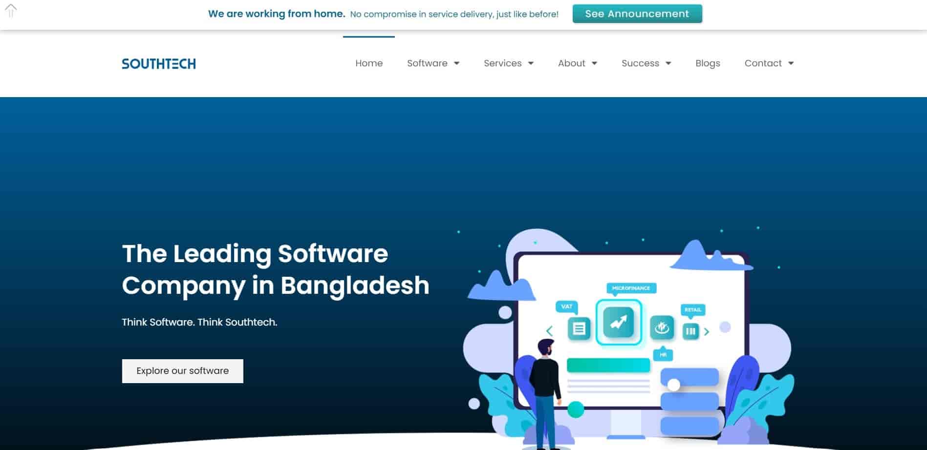 SouthTech homepage where it says the leading software company in Bangladesh and also mentions options to explore their software.