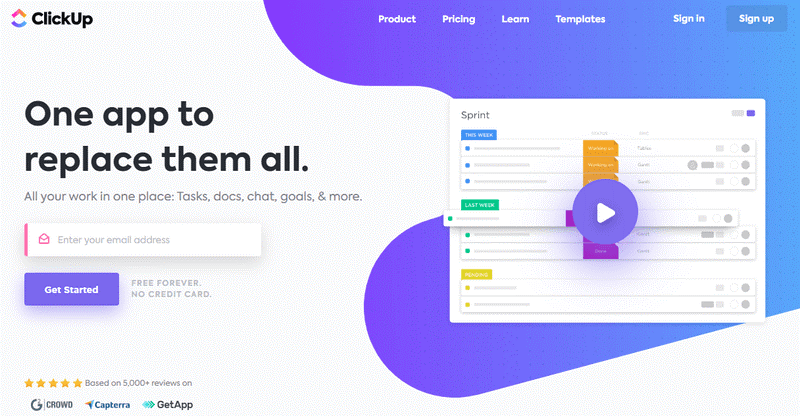 ClickUp's homepage, with a video of sprint planning, with title one app to replace them all