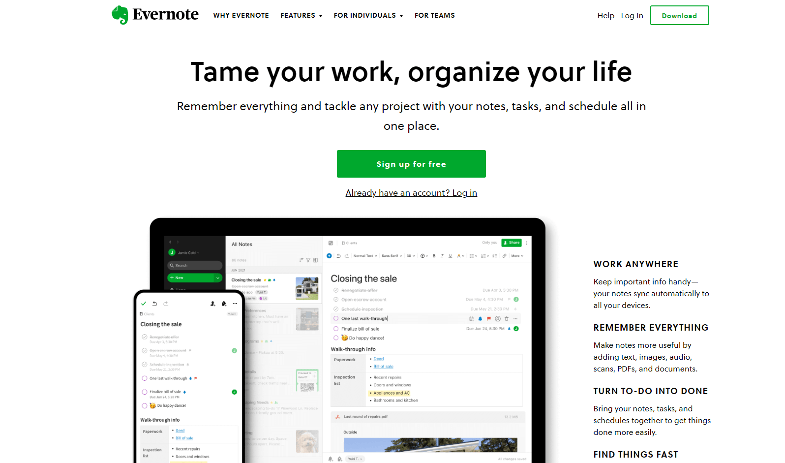 Homepage of Evernote, with title tame your work, organize your life, along with the desktop and mobile app
