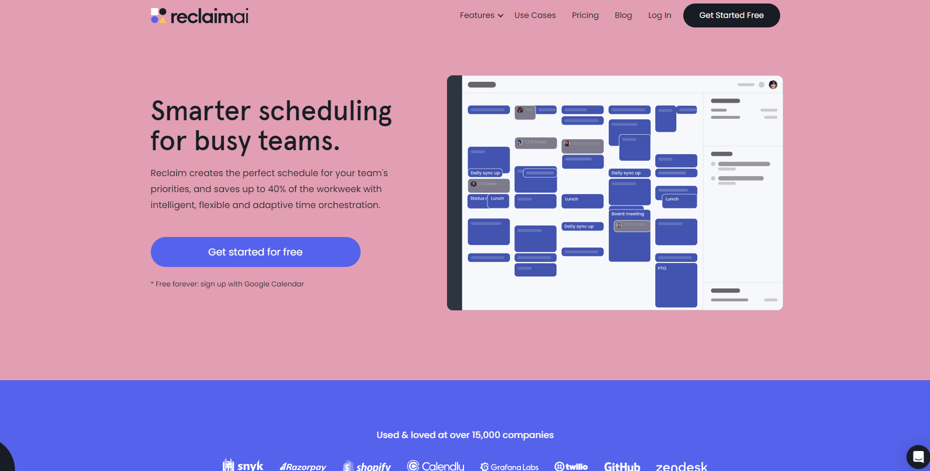 reclaimai homepage, time blocks scheduling on the right