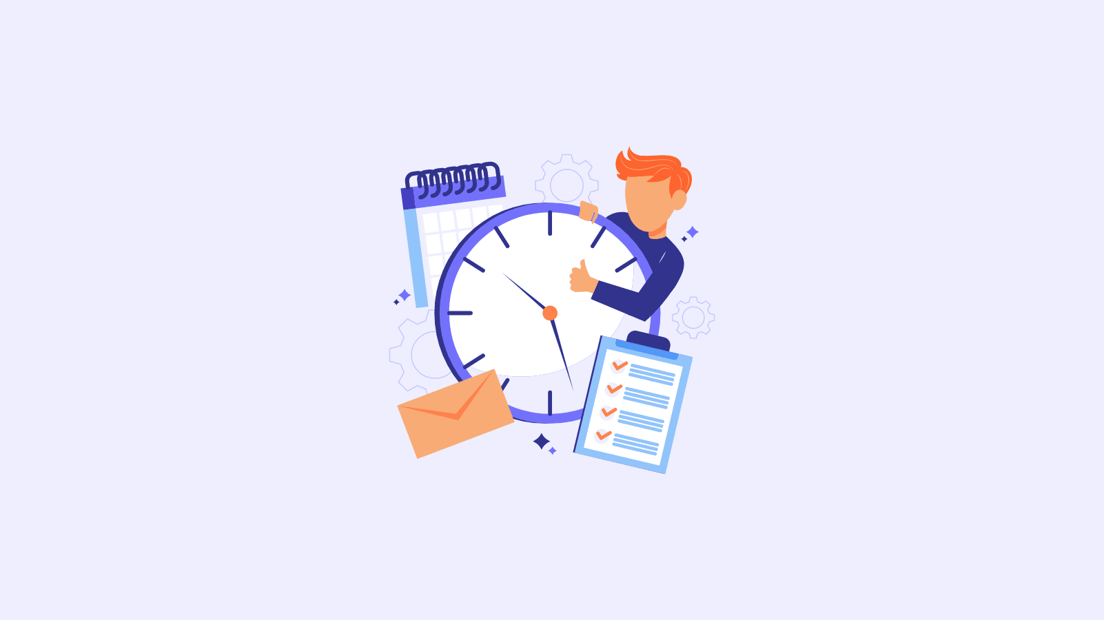 A young boy holding a giant clock, with to-do list and mail and calendar with cog icons, signifying time management