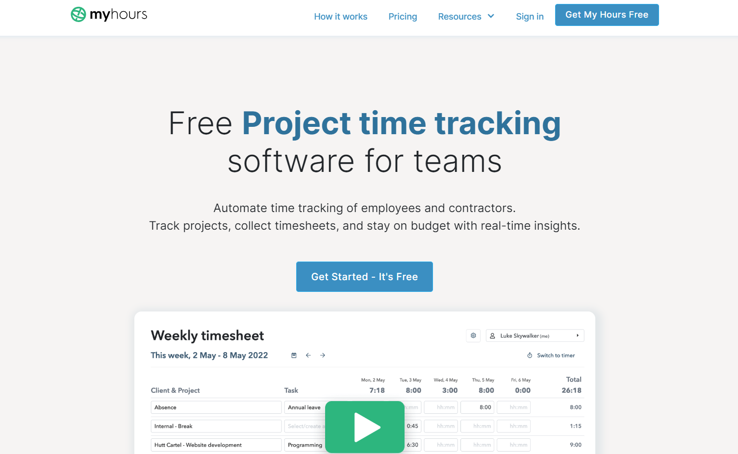 Homepage of myhours, one of the best time tracking software for virtual assistants