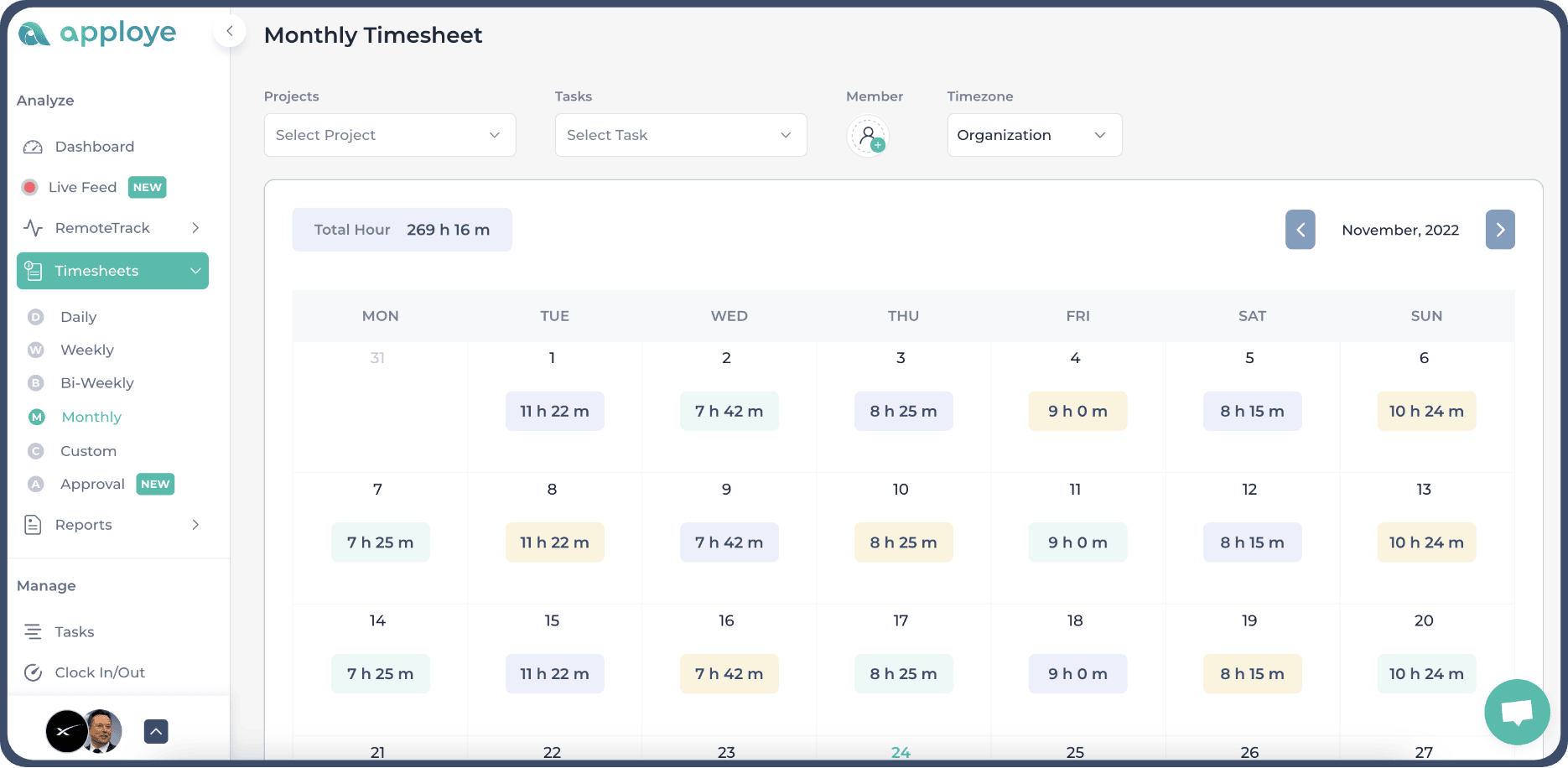 Image showing Apploye (an employee monitoring software in India) created automatic timesheet