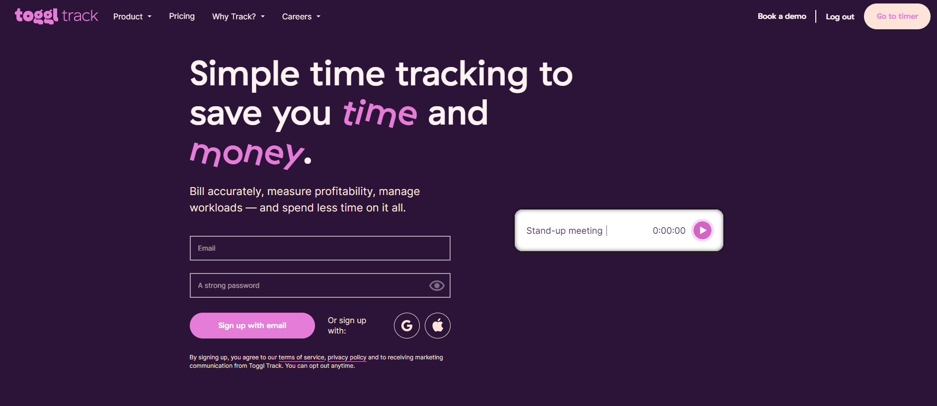 Homepage of toggl track, a smart time tracking software for virtual assistants