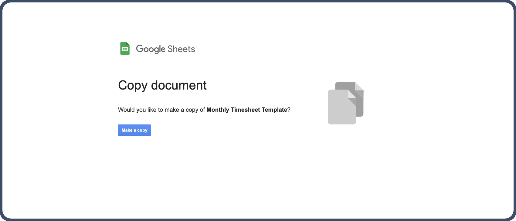 Google Sheets prompt, showing the Copy document option