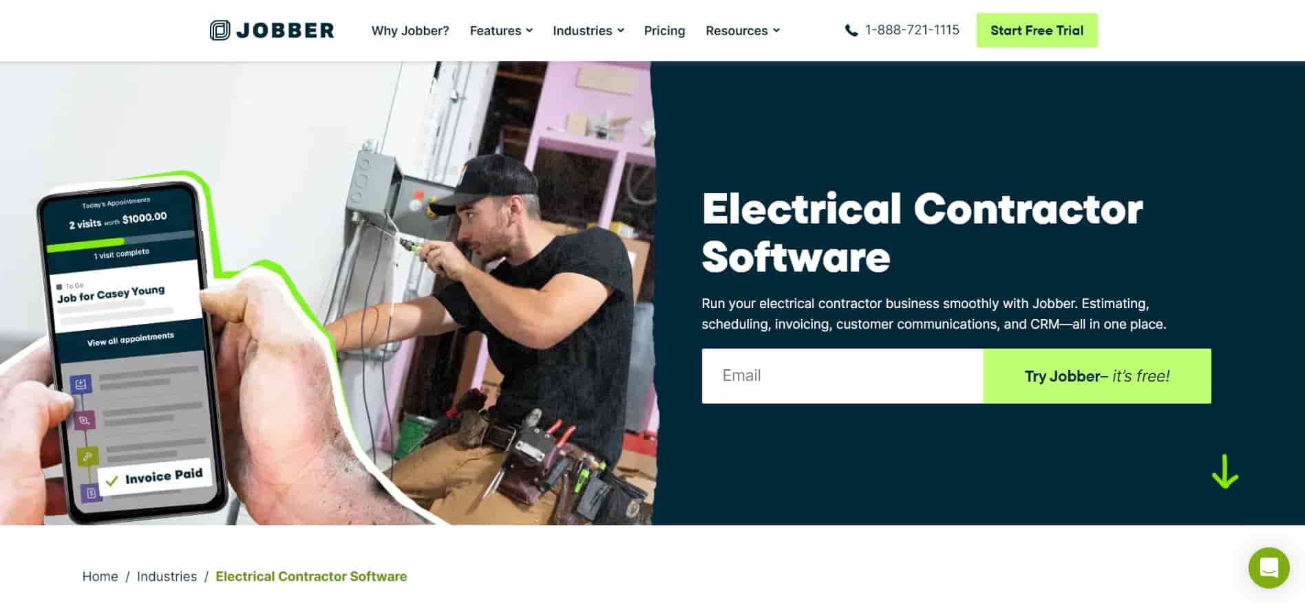 Jobber's homepage showing a technician working in a electrical project