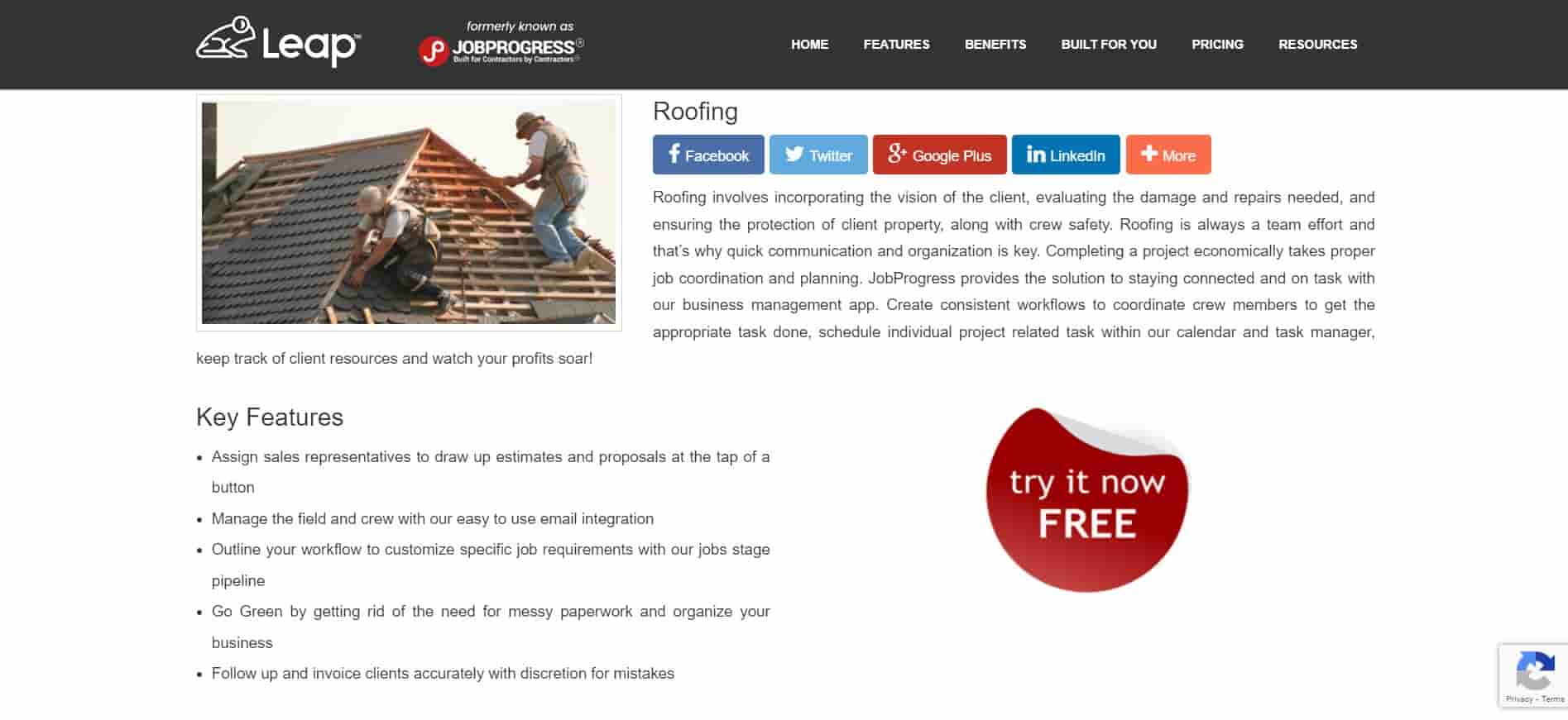 Leap site page showing laborers working on the roof