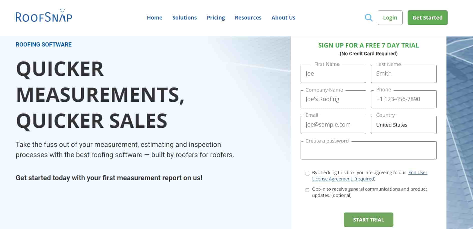 RoofSnap homepage saying 'quicker measurements, quicker sales'