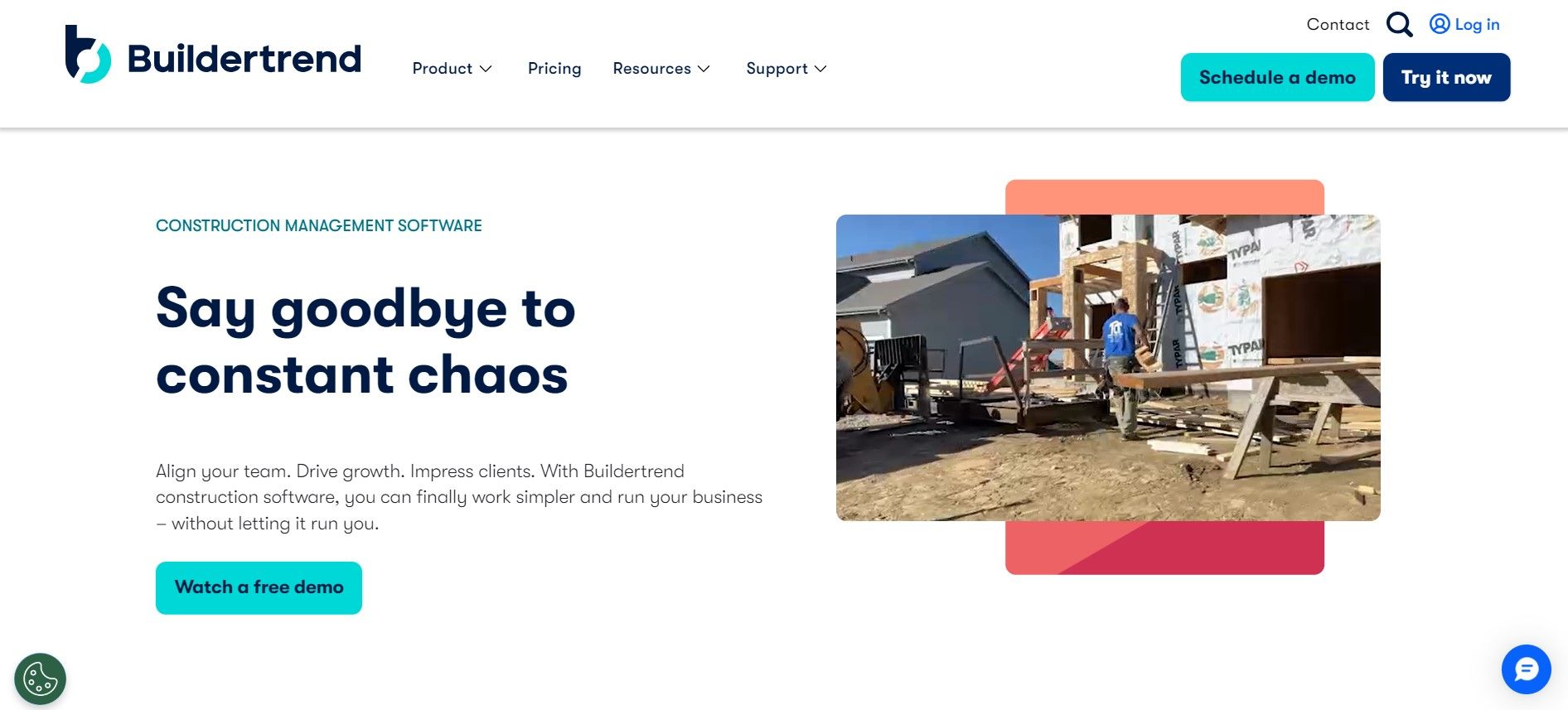 Homepage of 'buildertrend' mentioning a photo of workers working on a construction