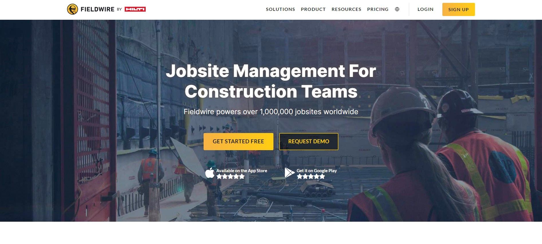 fieldwire website homepage showing construction workers working and mentioned in the top 'jobsite management for construction teams'