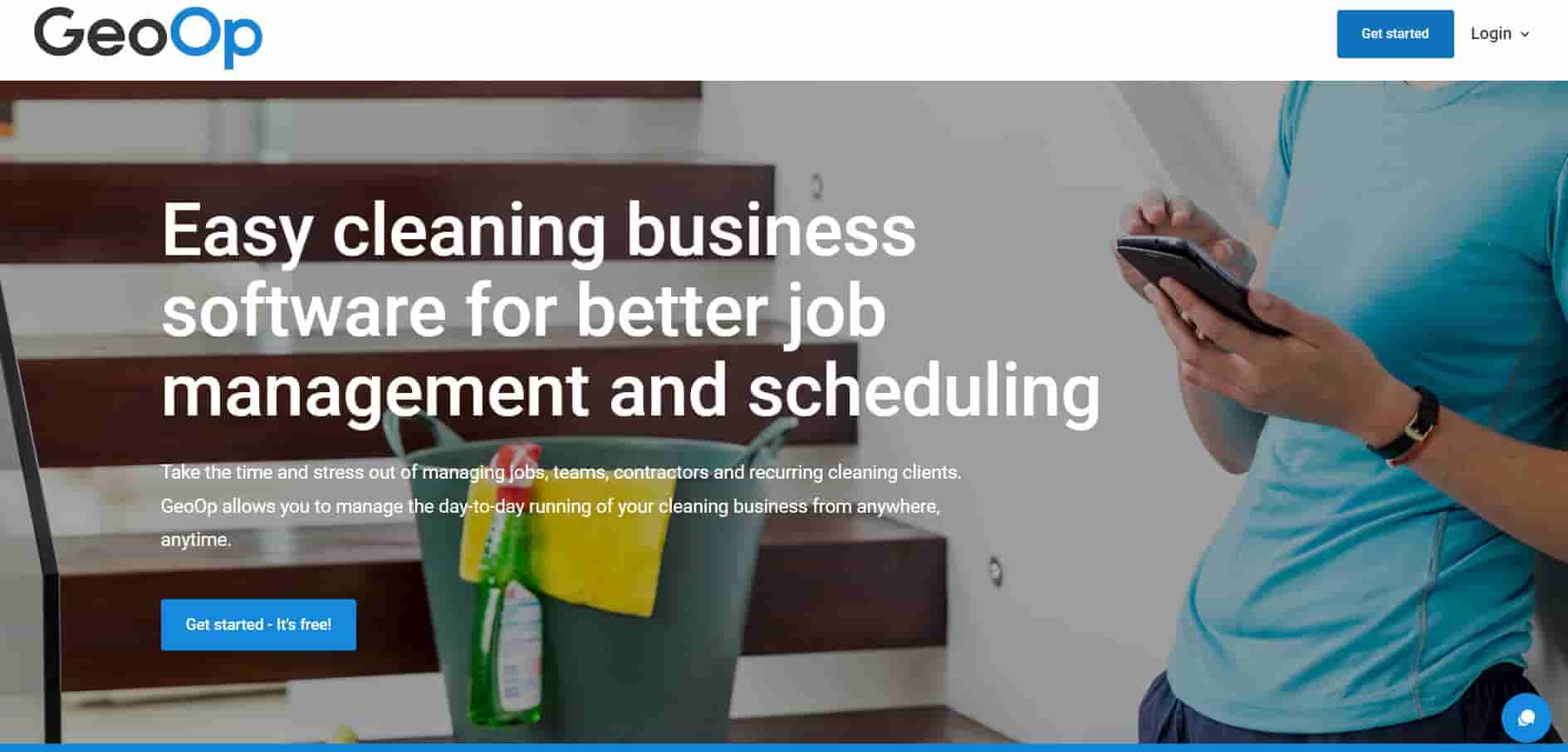 Image of a GeoOp website's page where a man is holding a mobile and in the left it is written in bold "easy cleaning business software for better job management and scheduling"