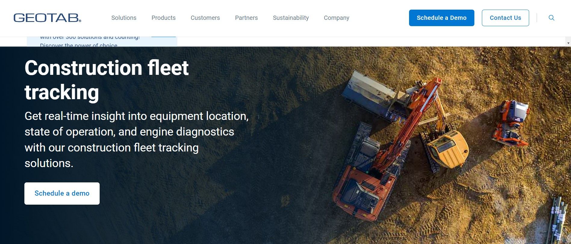 Geotab homepage showing construction vehicles and mentioning 'construction fleet tracking'