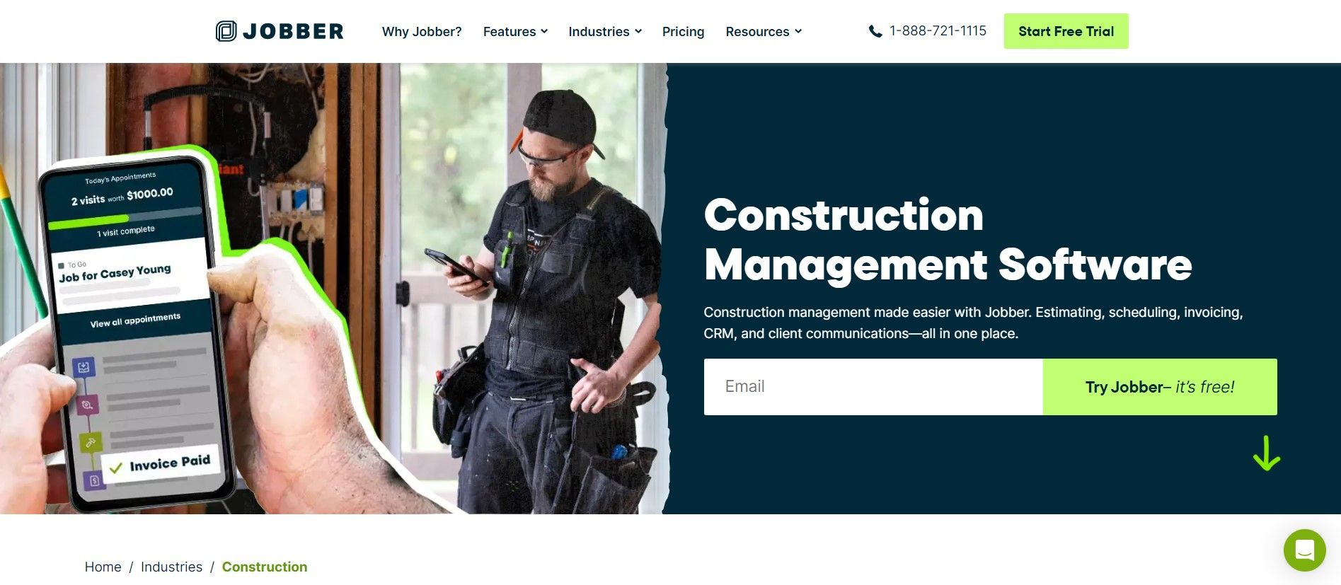 Jobber (prominent construction field management software) homepage showing a builder looking at his mobile