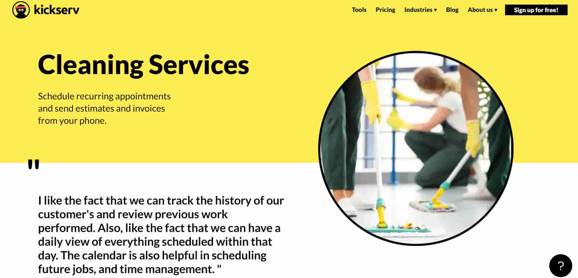 Composite image of Kickserv website page showing cleaners working and written in bold 'cleaning services'.