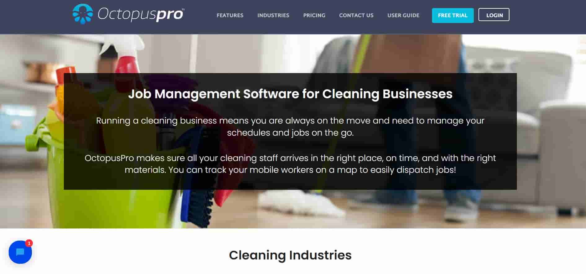 Composite image of OctopusPro website's page where in the background a cleaner is working