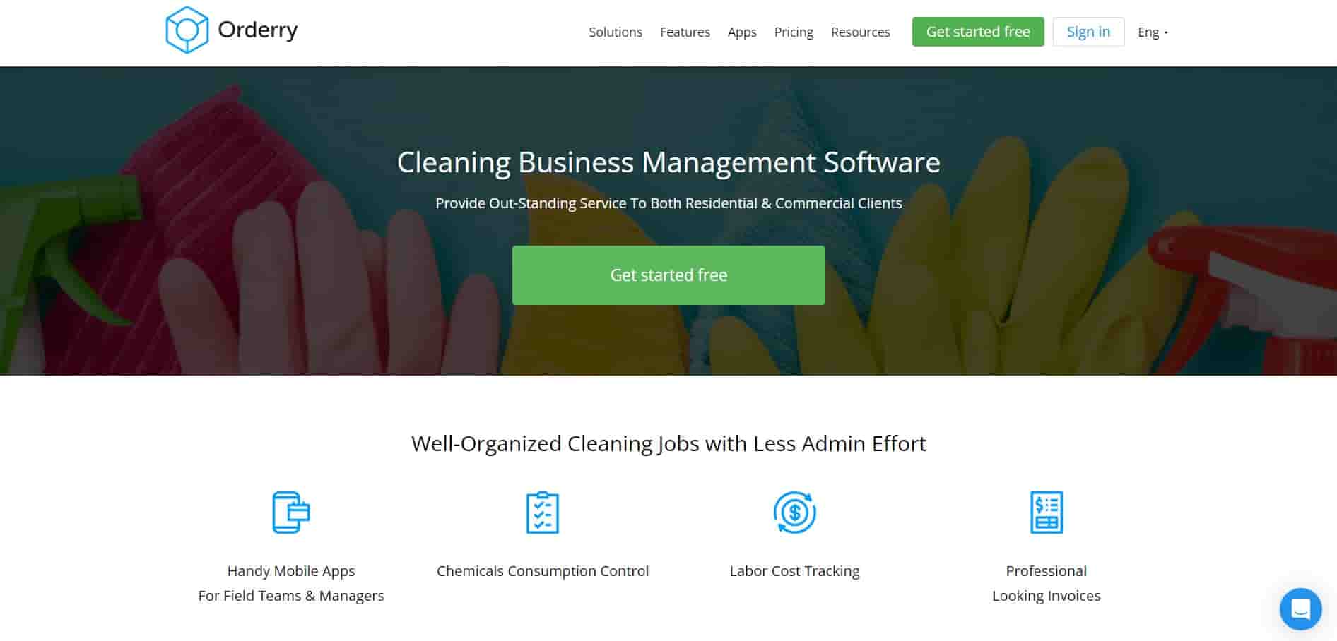 Composite image of Orderry website page where it say 'cleaning business management software'