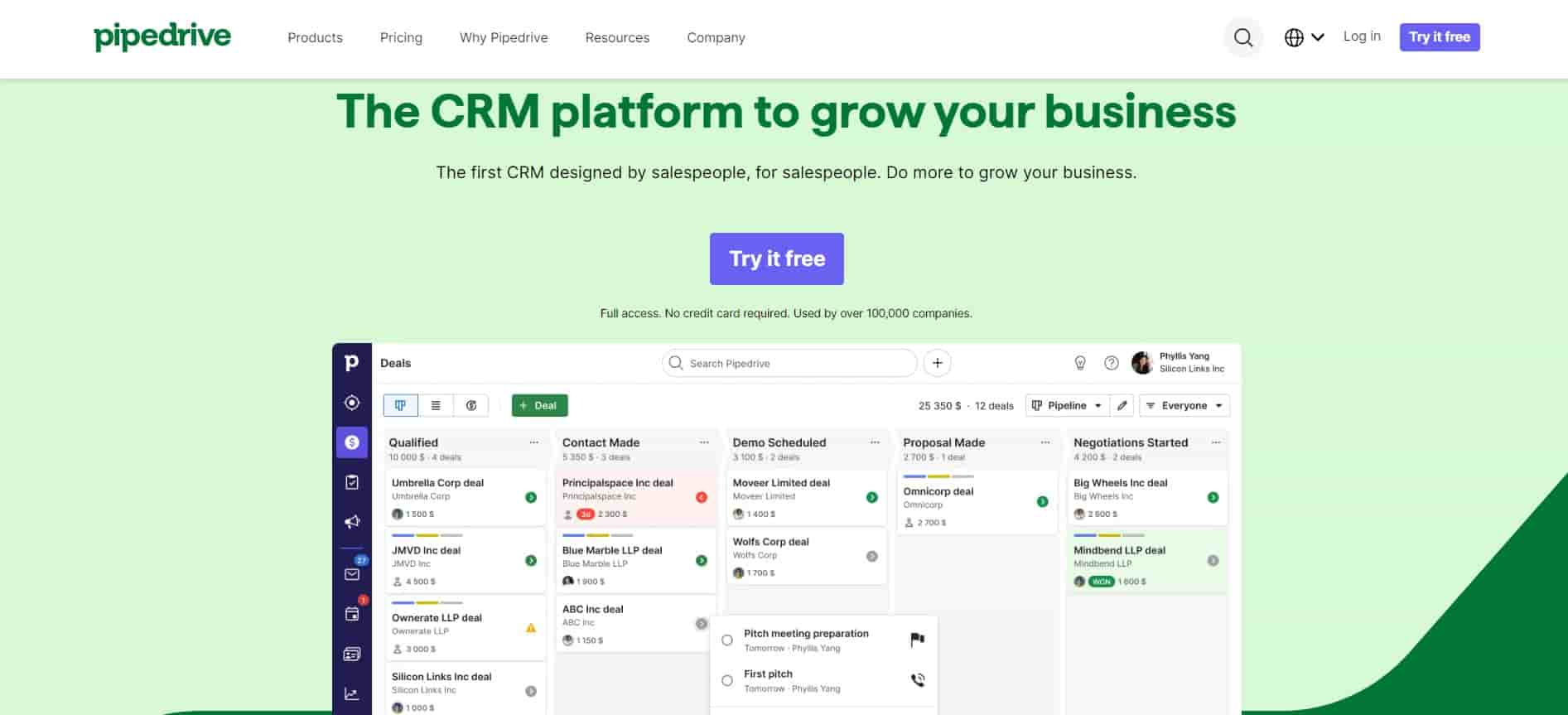Pipedrive homepage showing their application dashboard and mention 'the crm platform to grow your business'