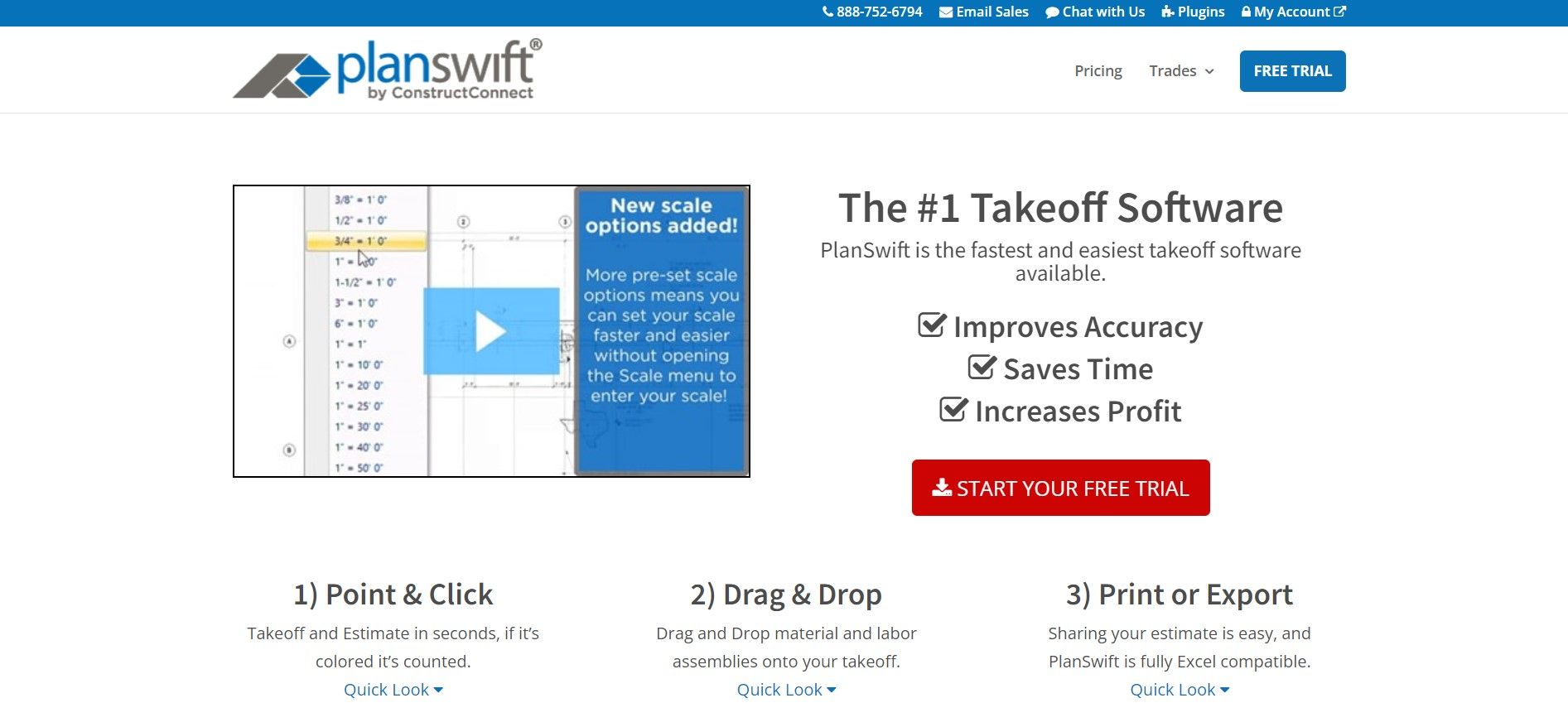 Planswift homepage saying '#1 takeoff software'
