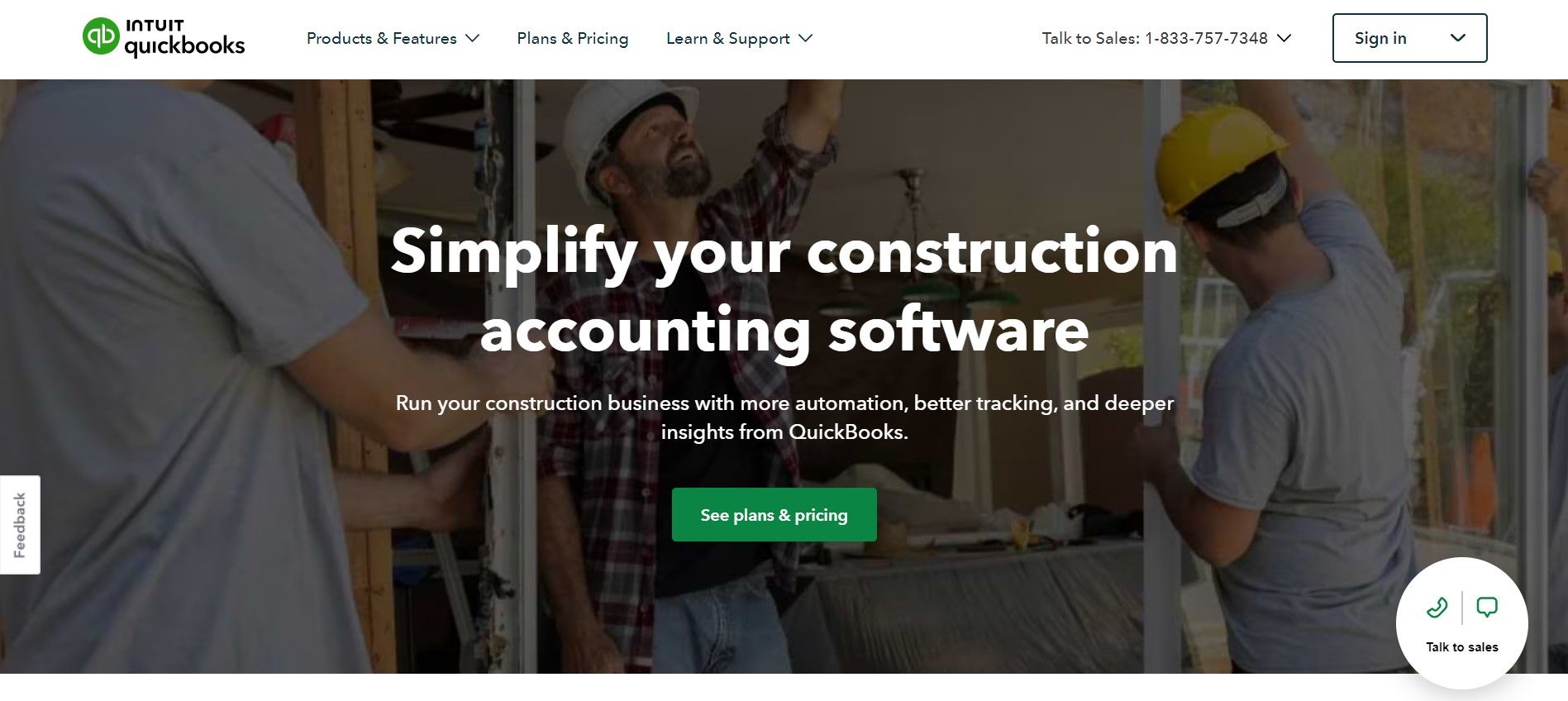 Homepage of Quickbooks saying 'simplify you construction accounting software'